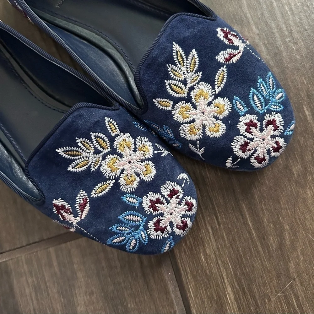 Tory Burch Embroidered Floral Suede Smoking Slippers in Navy Blue Sz 5